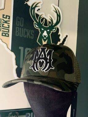 AMIRI Green Camo Trucker Hat with White Logo